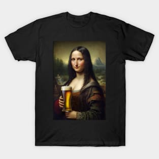 Mona Lisa Drinking Draught Beer Painting T-Shirt